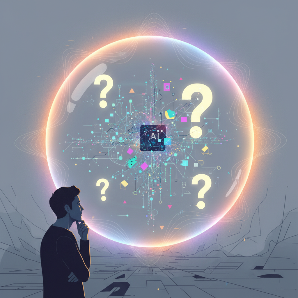 A thought-provoking illustration of a person critically observing a large, transparent bubble containing abstract AI elements like neural networks and data streams, with question marks floating around. The bubble is surrounded by a glowing, exaggerated aura, hinting at a disconnect between perception and reality. Clean infographic style, soft, curious lighting. No text.