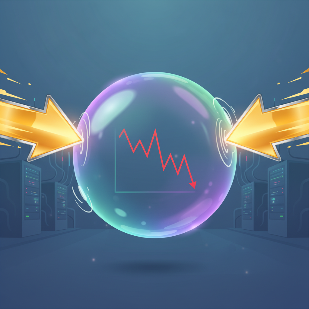 A vivid infographic illustrating a massive, shimmering bubble labeled "AI Industry Hype," with a small, struggling financial graph inside it showing low revenue, contrasting sharply with huge arrows representing "Capital Investment" flowing into the bubble. In the background, subtly depicted data centers and servers are visible. Clean infographic style, clear visuals. No text.