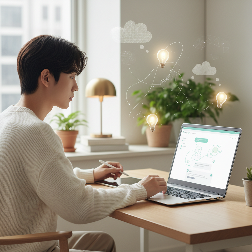 Lifestyle photography of a Korean person sitting at a desk, looking at a laptop screen with a bright, clean interface showing an AI chatbot. The person is thoughtfully interacting with the AI, with subtle visual cues like lightbulbs or thought clouds appearing around their head, symbolizing brainstorming and memory augmentation. The atmosphere is calm and focused. No text.