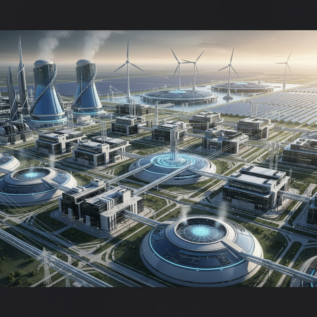 A panoramic view of an expansive, futuristic data center complex with sleek, modern architecture, surrounded by massive power generation facilities, possibly nuclear or renewable energy plants. The sky shows a subtle glow, hinting at immense energy consumption. Clean and somewhat imposing architectural illustration, realistic lighting. No text.