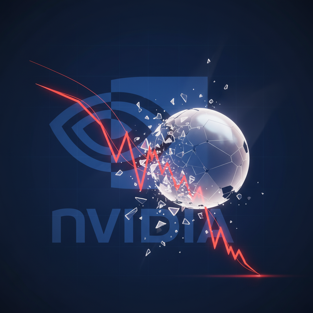 An abstract, dynamic infographic depicting a financial market graph in freefall, resembling a bursting bubble. The graph line is jagged and sharp, breaking through a large, inflated sphere. In the background, a subtle, recognizable logo for Nvidia is integrated, suggesting its influence on the market. Dark, dramatic lighting, clean infographic style. No text.
