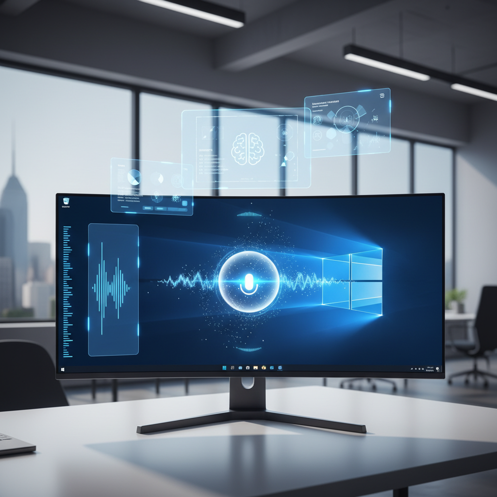 A modern Windows 11 desktop interface showing AI assistant features with voice activation visualization, clean blue and white color scheme, futuristic holographic elements floating above the screen, professional office setting with natural lighting, no text