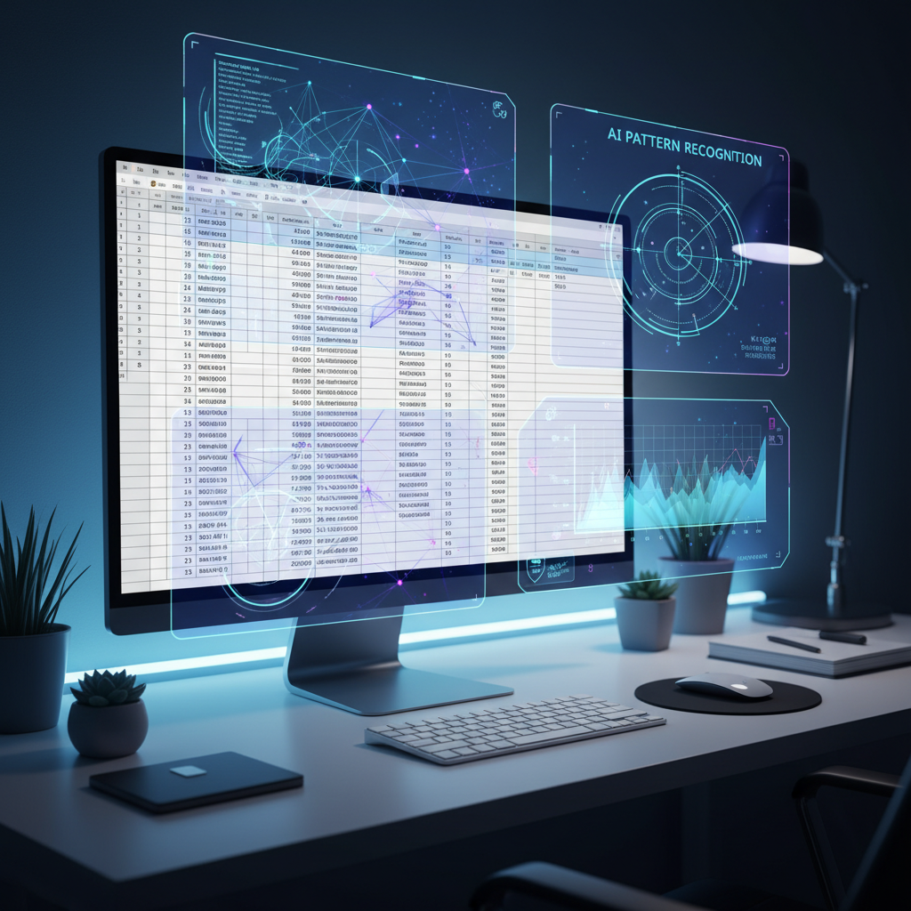 A computer screen showing Excel spreadsheet with AI analysis overlay, digital interface elements highlighting data patterns, modern office workspace, soft blue lighting, professional atmosphere, no text