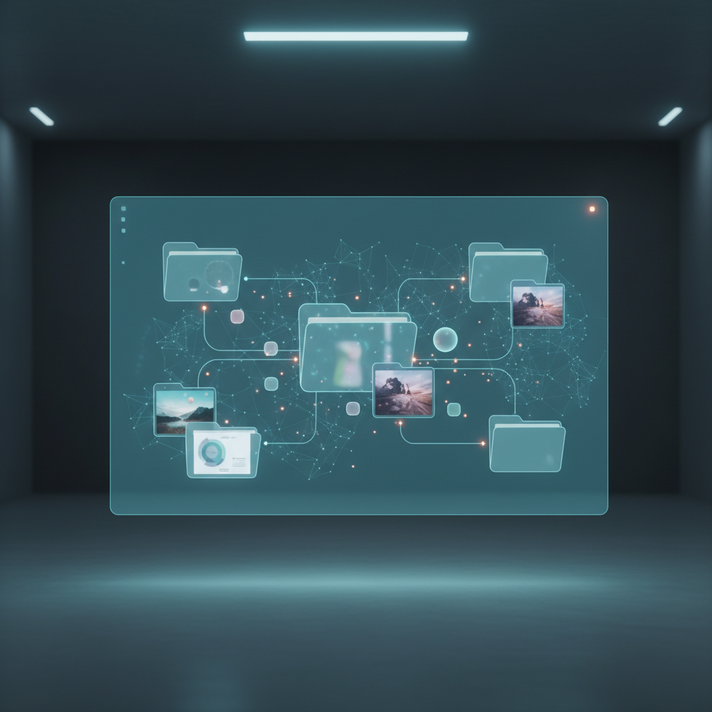 Futuristic file management interface with AI organizing documents and photos automatically, holographic folder structures, digital workflow visualization, clean minimalist design, soft ambient lighting, no text