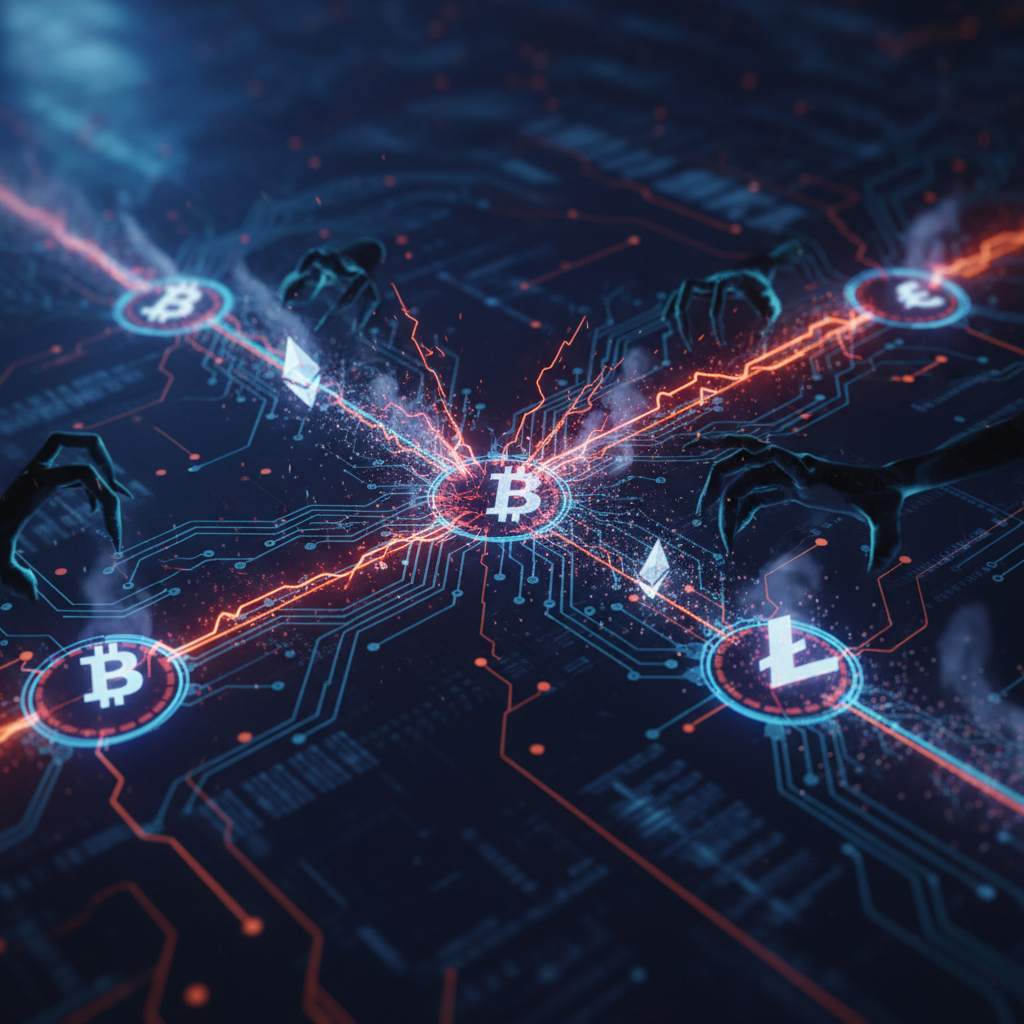 A sophisticated digital illustration showing blockchain networks being exploited for cyberattacks, with interconnected nodes, cryptocurrency symbols, and subtle hacking elements. Dark tech aesthetic with blue and orange lighting, no text.