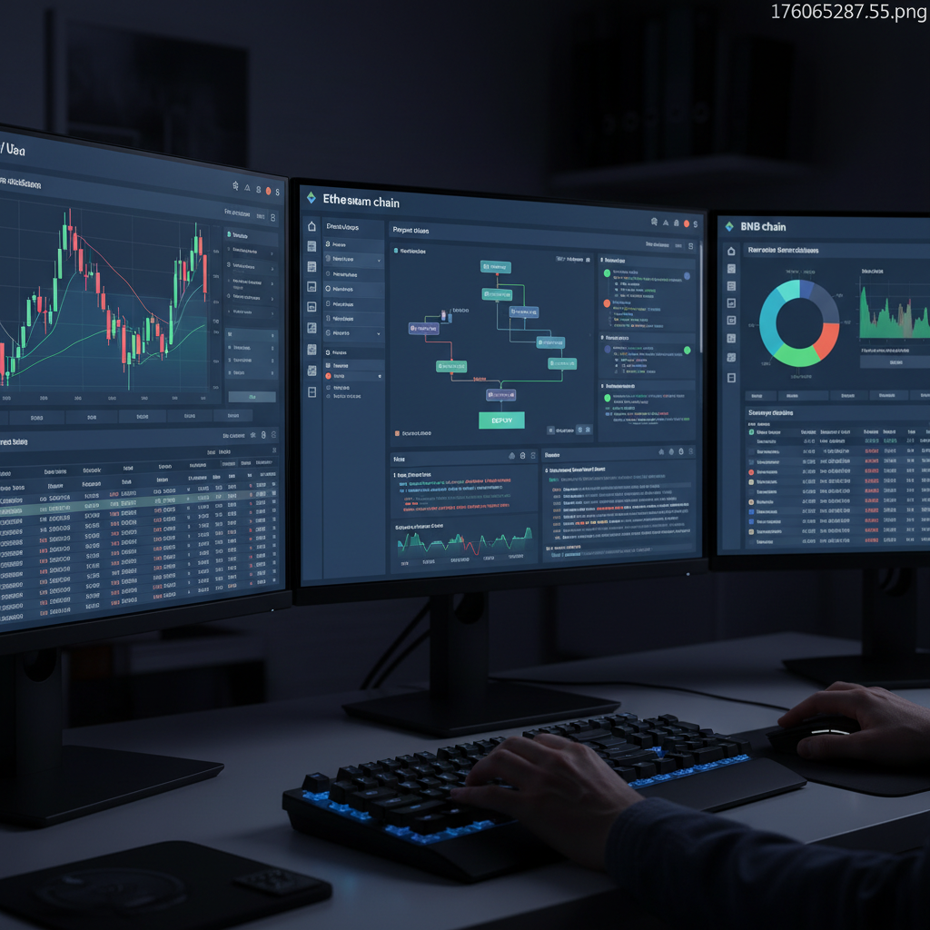 A realistic screenshot-style image of cryptocurrency trading interfaces and smart contract deployment screens, showing Ethereum and BNB chain platforms. Clean tech interface design with charts and transaction data, no text.