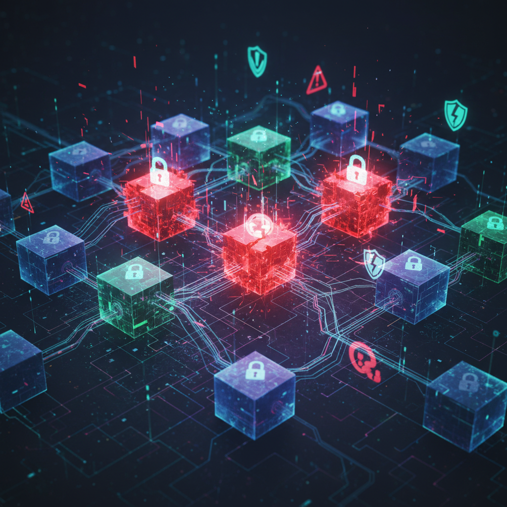 Abstract visualization of blockchain security vulnerabilities, showing interconnected blocks with some highlighted in red to indicate threats. Digital art style with network connections and security warning elements, no text.