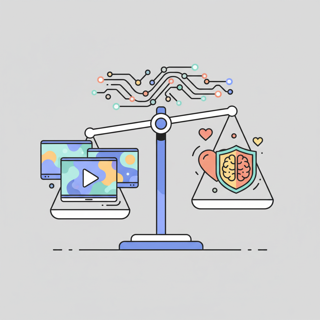 A modern digital illustration showing AI video generation technology with ethical considerations, featuring abstract video screens, neural network patterns, and balanced scales representing ethics and technology, clean infographic style, no text