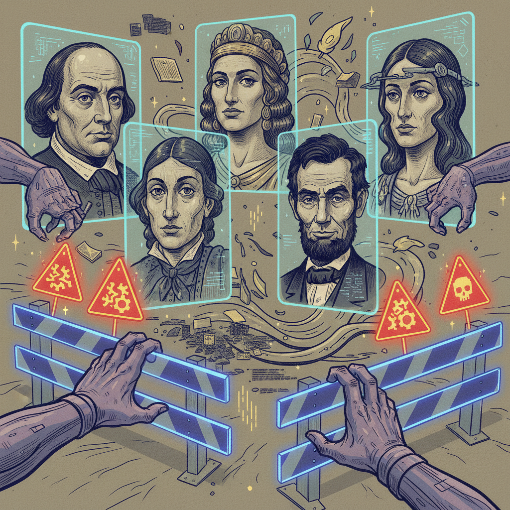 Conceptual illustration showing historical figures being digitally manipulated, with warning signs and ethical boundaries, representing the misuse of AI technology for creating inappropriate content, documentary style illustration, no text