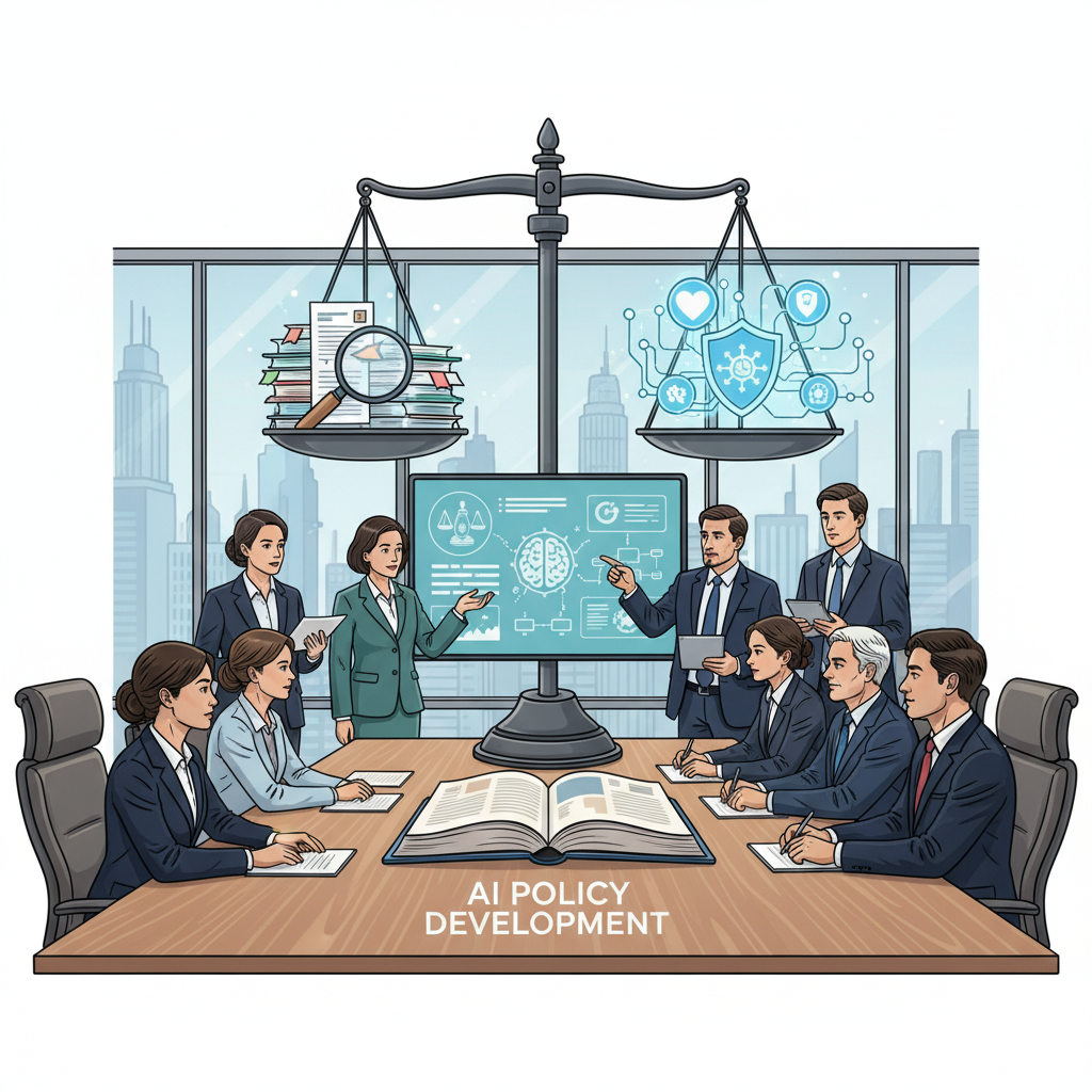 Professional illustration of AI policy development, showing balanced scales, document reviews, and ethical guidelines being established, corporate meeting room setting with diverse professionals, clean business style, no text