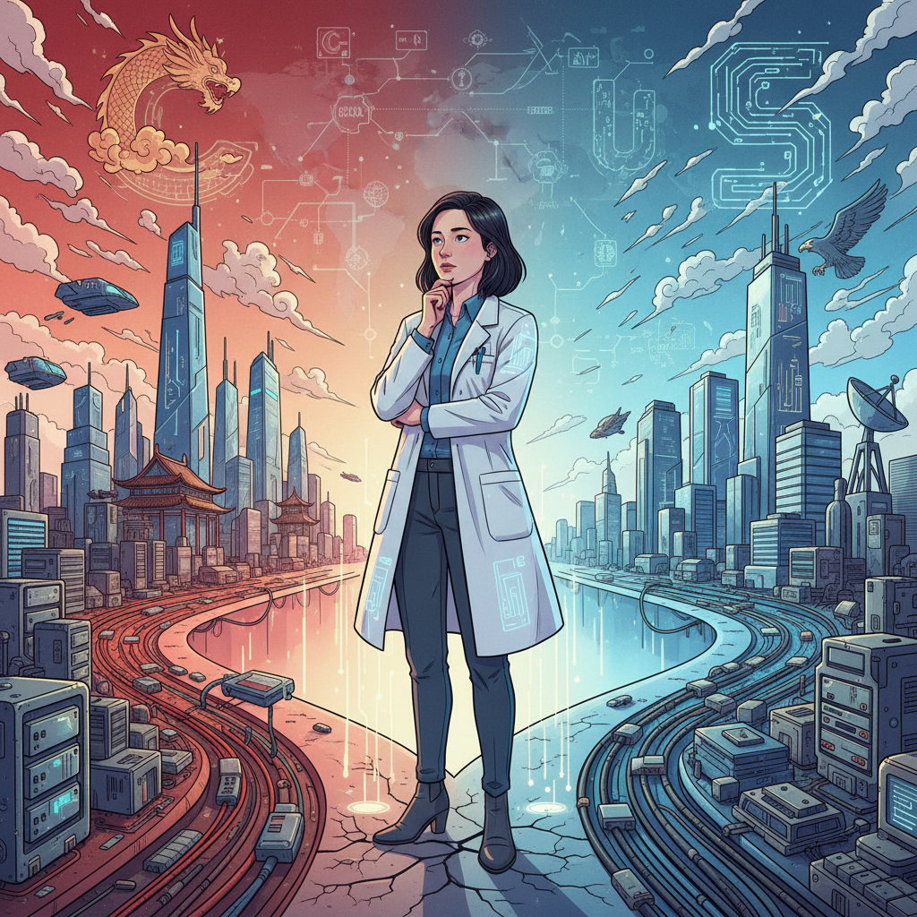 An illustration depicting a Korean-looking AI scientist standing at a crossroads, with one path leading towards a futuristic cityscape resembling China and another towards a tech hub representing the US. The scientist looks thoughtful, suggesting a difficult but significant decision. The background subtly hints at AI concepts and global competition. No text in image.