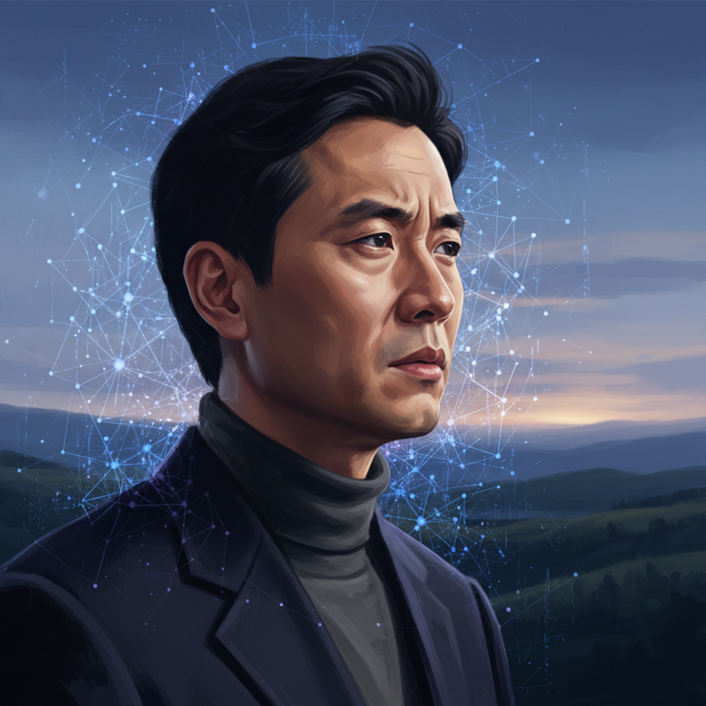 A realistic portrait of a thoughtful Korean-looking AI scientist, Song-Chun Zhu, with a complex neural network or AI algorithm subtly overlaid in the background. His expression suggests deep consideration and a pivotal decision, possibly looking towards a distant horizon. Style: digital painting, no text.
