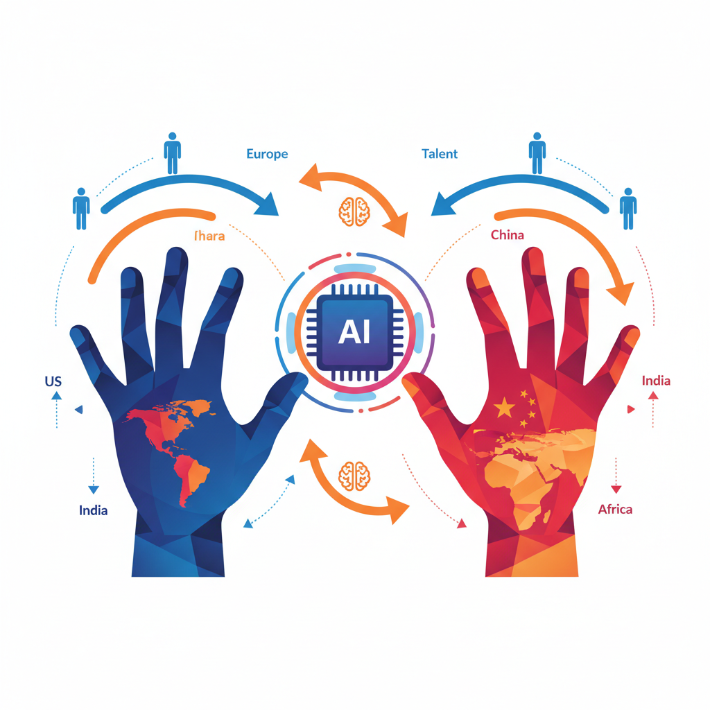 An infographic illustrating the global AI competition, with two large, stylized hands (one representing the US and the other China) reaching for a glowing AI chip in the center. Smaller arrows show talent migration flowing from one region to another, emphasizing the movement of key individuals. Style: clean infographic with vibrant colors, no text.