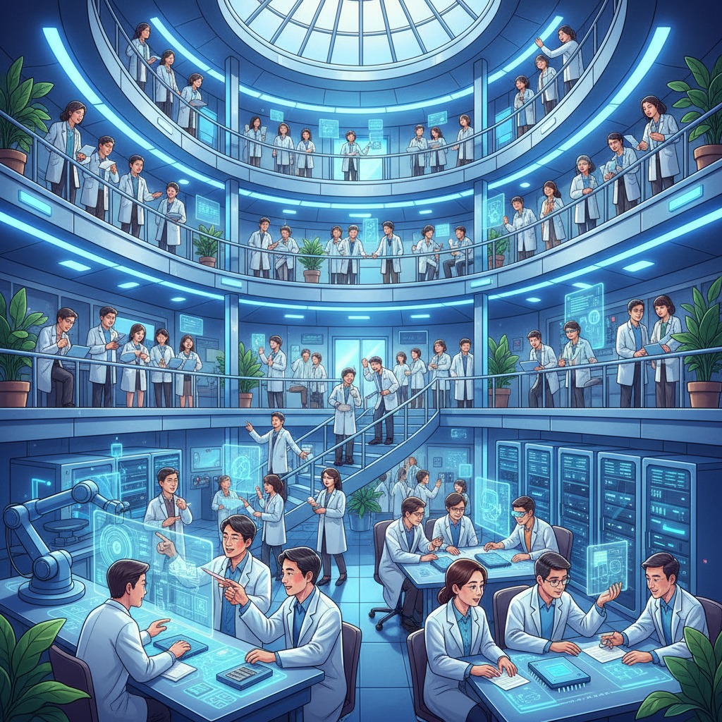 A vibrant illustration of a modern, high-tech research lab in South Korea, filled with diverse Korean-looking scientists and engineers collaboratively working on advanced AI projects. Emphasize innovation, teamwork, and a supportive environment. Style: modern illustration, no text.