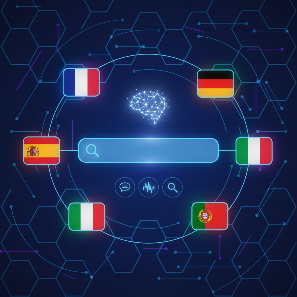 Modern digital interface showing Reddit's AI search feature with multiple language flags (French, German, Spanish, Italian, Portuguese) floating around a sleek search bar. Clean tech illustration with vibrant colors and futuristic design elements. No text.