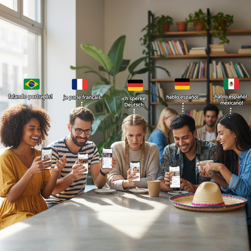 Diverse group of people from different countries using smartphones to search on Reddit, each person speaking their native language. Lifestyle photography with natural lighting, showing Brazil, France, Germany, Spain, Mexico, and Italy representatives. No text.
