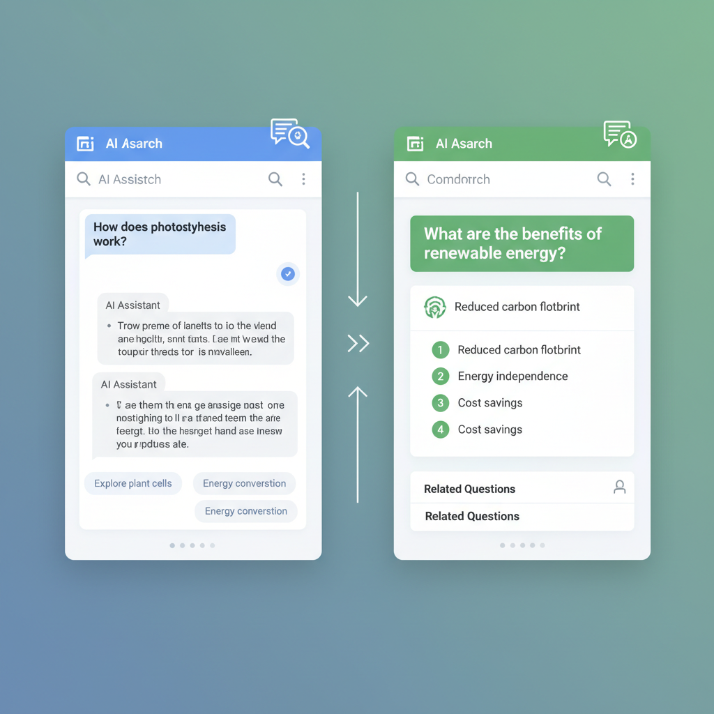 Split screen showing different AI-powered search interfaces from various platforms, displaying chat-style search results and Q&A formats. Clean infographic style with modern UI elements and comparison layout. No text.