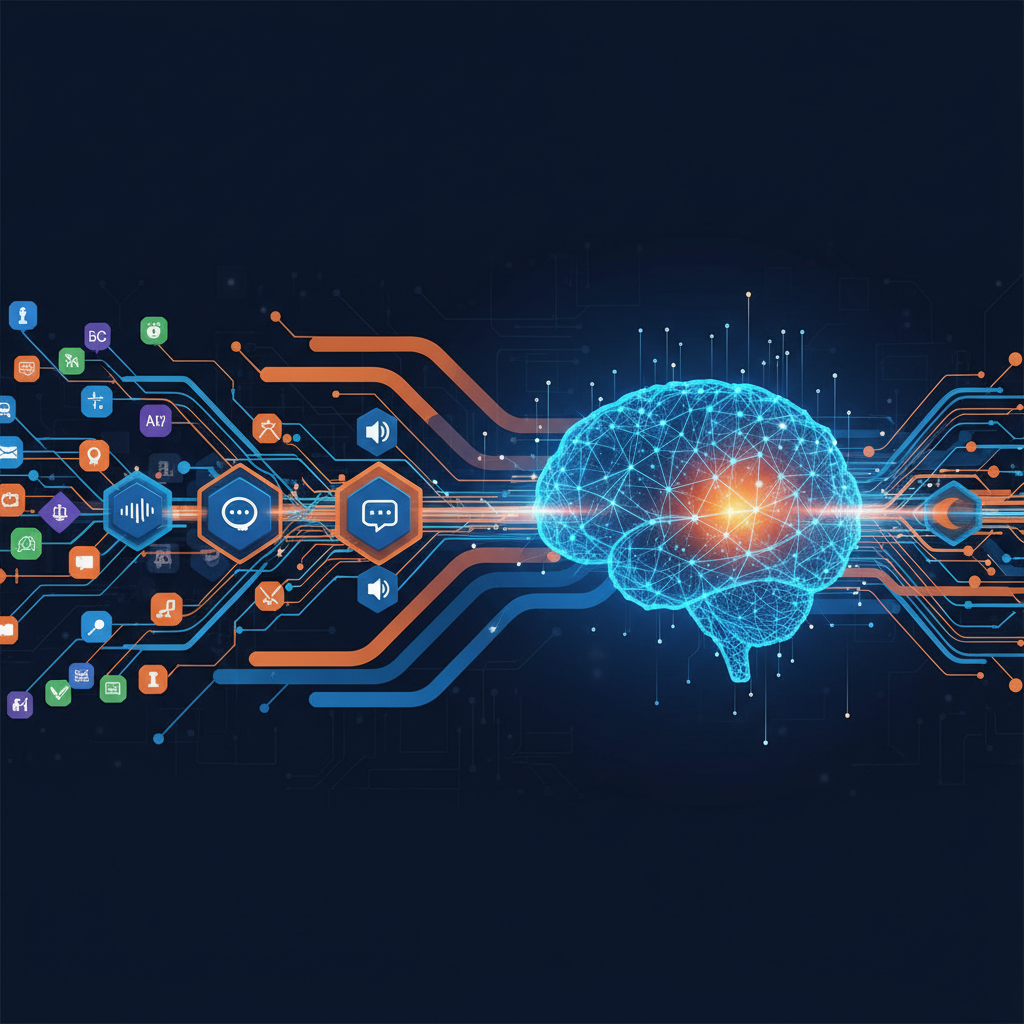 Abstract visualization of Google AI technology processing multilingual Reddit data, showing data flows, language processing nodes, and integration pathways. Technical infographic style with blue and orange color scheme. No text.