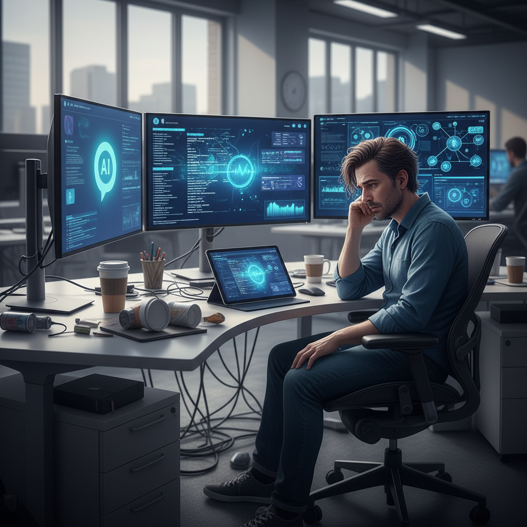 A tired office worker sitting at a desk surrounded by multiple screens showing AI interfaces, chatbots, and digital notifications. The person looks overwhelmed and exhausted. Realistic lifestyle photography with natural lighting, modern office environment. No text.