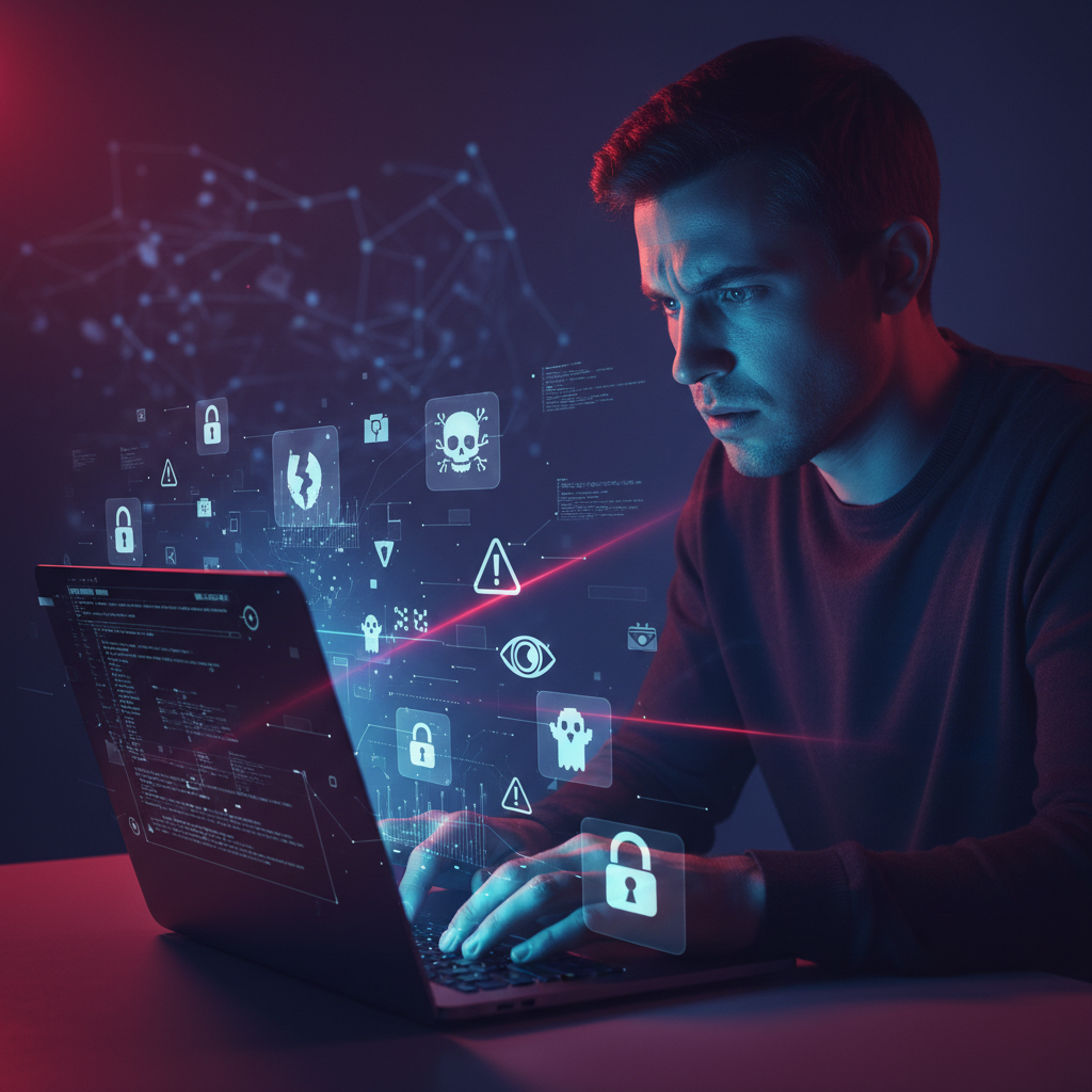 A person looking concerned while using a laptop, with abstract digital privacy icons and warning symbols floating around. Dark, moody atmosphere suggesting cybersecurity concerns. Lifestyle photography with dramatic lighting. No text.