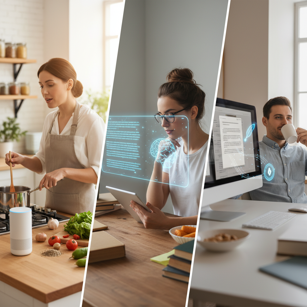 People casually using AI tools in everyday situations - someone asking voice assistant while cooking, student using AI for homework, office worker with AI writing assistant. Natural, relaxed atmosphere showing AI as routine tool. Lifestyle photography. No text.
