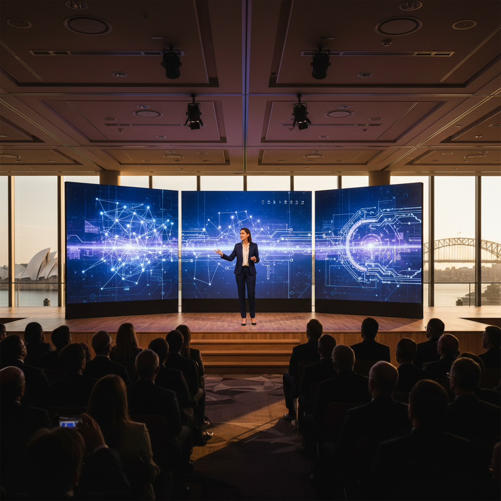 A professional business conference scene in Sydney with a tech executive giving a keynote presentation on stage, modern conference hall with large screens displaying AI-related graphics, audience silhouettes, warm lighting, corporate atmosphere, no text