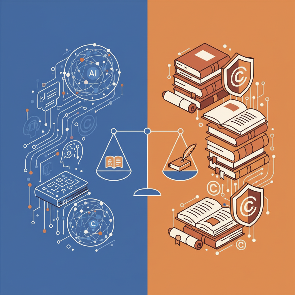 Split-screen illustration showing data mining and copyright protection, one side with flowing digital data streams and AI neural networks, other side with books and copyright symbols, balanced scale in center, clean infographic style, blue and orange color scheme, no text
