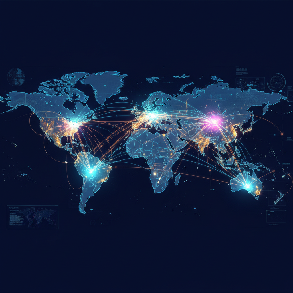 World map with digital networks connecting major tech hubs, glowing nodes representing AI centers in US, China, and Australia, futuristic data visualization with flowing light streams, competitive atmosphere, dark background with bright tech elements, no text