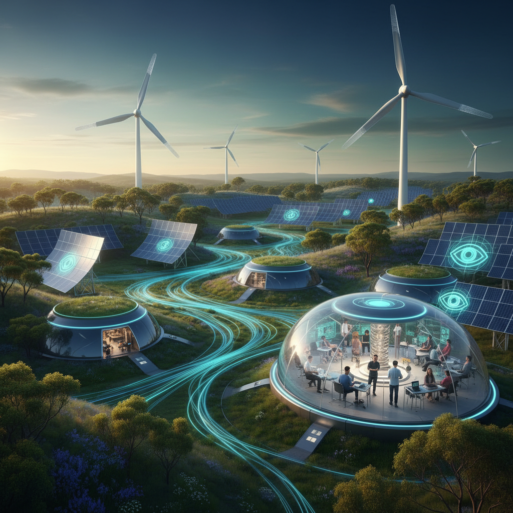 Australian landscape with renewable energy installations, fiber optic cables, tech developers working, AI data centers, Five Eyes alliance symbols, vibrant tech ecosystem visualization, modern clean design, green and blue tones, no text