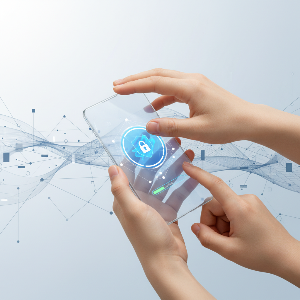 An infographic showing a parent's hand gently guiding a teenager's hand interacting with a virtual AI assistant on a smartphone, set against a futuristic, clean background. Emphasize safety and control. No text, clean infographic style, Korean people.