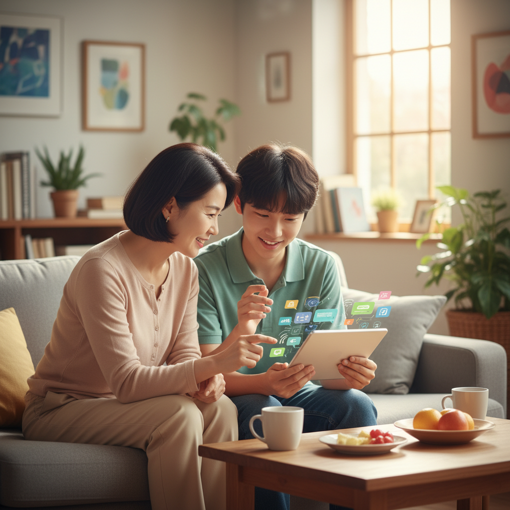 A Korean parent and teenager sitting together, looking at a tablet screen that displays chat bubbles, implying a conversation about AI topics. The atmosphere is open and communicative. Lifestyle photography, warm lighting. No text.