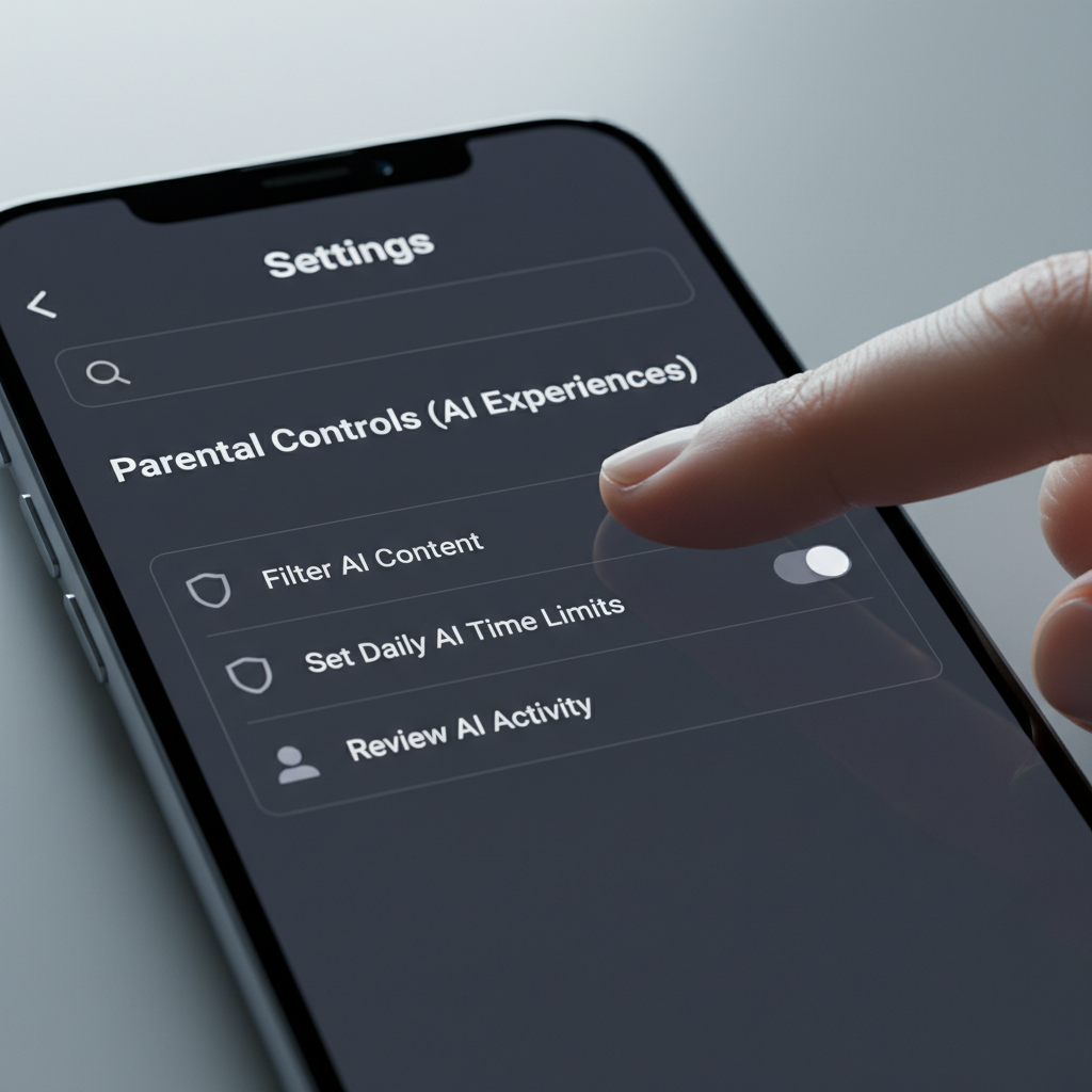 A close-up shot of a smartphone screen showing Instagram's settings menu with new parental control options for AI experiences. A user's finger is about to tap an option. Clean UI, realistic screen display. No text.