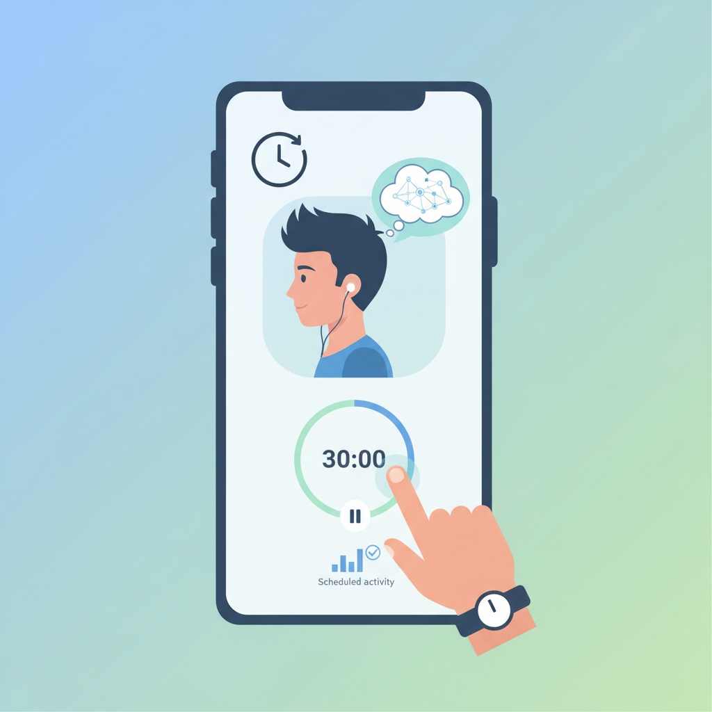 A clock icon superimposed on a smartphone screen showing a teenager interacting with an AI. A parent's hand is setting a timer on the screen. Illustrates time management and parental guidance. Clean infographic style, no text.