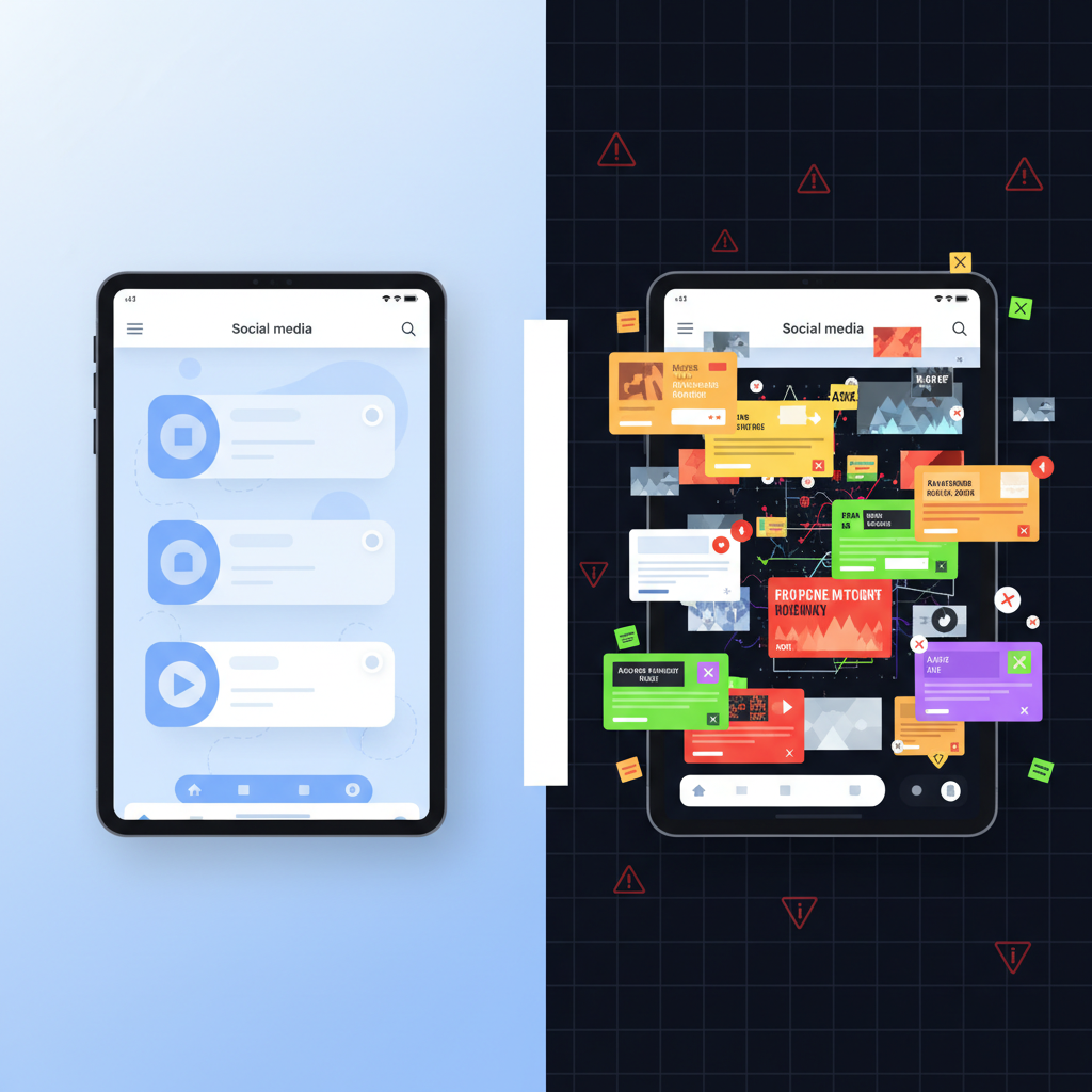 A split-screen comparison showing a clean, user-friendly interface on one side and a cluttered, ad-filled interface on the other side. Modern digital devices displaying social media platforms. Clean infographic style, no text.