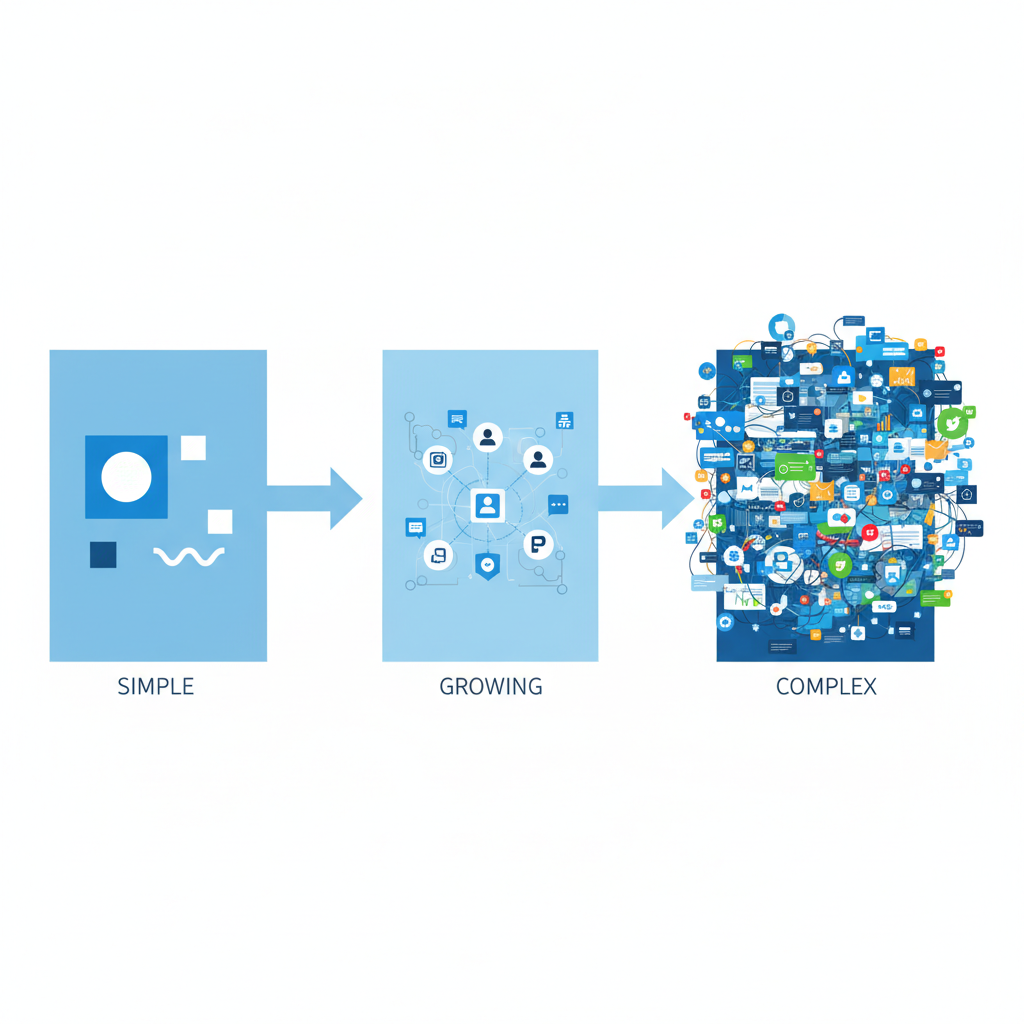 A timeline visualization showing the evolution of a digital platform from simple and clean to complex and cluttered. Three stages depicted with arrows showing progression. Clean infographic design, no text.