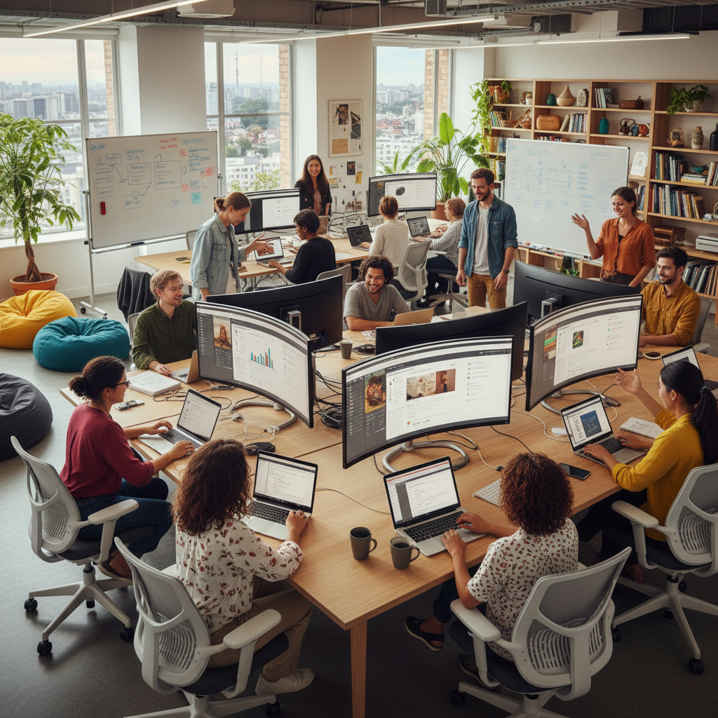 A collaborative workspace showing diverse people working together on digital content, representing Wikipedia's community-driven approach. Bright, collaborative atmosphere with computers and teamwork. Lifestyle photography, no text.