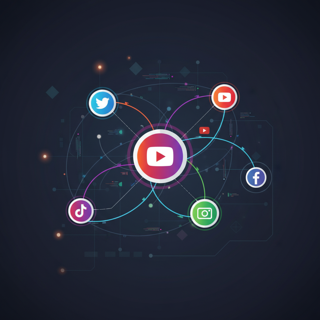 A network visualization showing multiple interconnected social media platforms with flowing connections between them. Modern, tech-focused illustration with nodes and connections. Clean infographic style, no text.