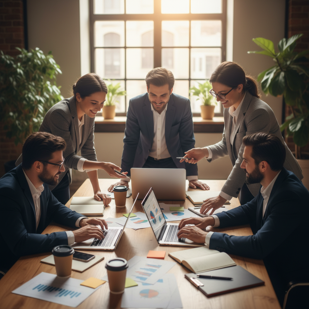 A diverse group of people collaborating on solutions, with laptops and documents spread out on a table. Bright, optimistic atmosphere showing teamwork and problem-solving. Lifestyle photography, no text.