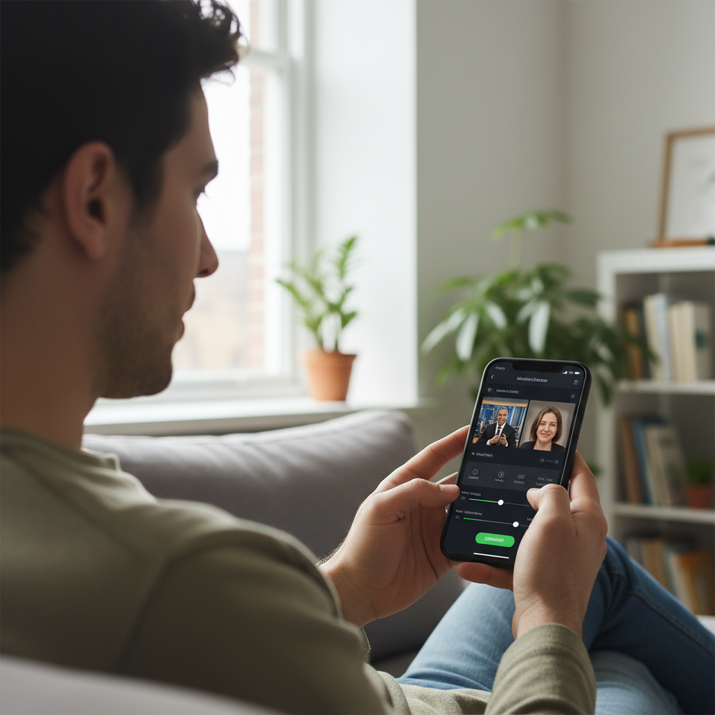 Person using smartphone with AI video generation interface, creating deepfake content on modern mobile app. Realistic lifestyle photography showing technology interaction, natural lighting, clean background. No text.