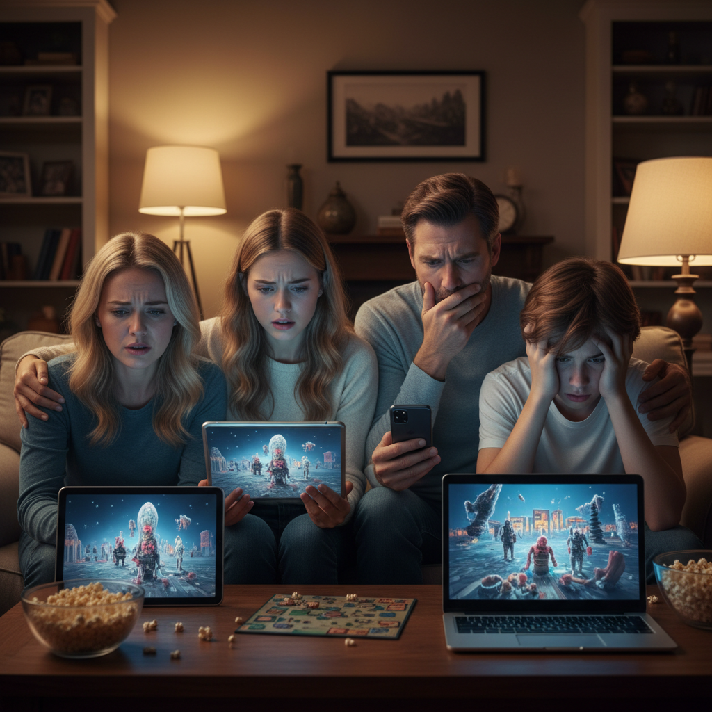 Family members looking distressed while viewing inappropriate AI-generated content on devices, showing concern and disappointment. Realistic photography capturing emotional response to digital misuse, warm indoor lighting. No text.