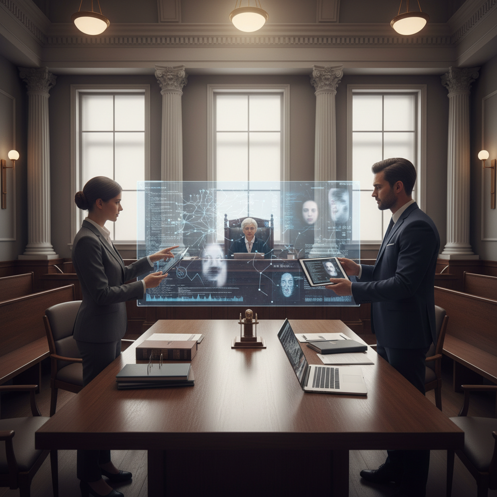 Legal courtroom scene with lawyers discussing AI deepfake technology case, professional legal environment with documents and technology displays. Realistic courtroom photography, formal lighting. No text.
