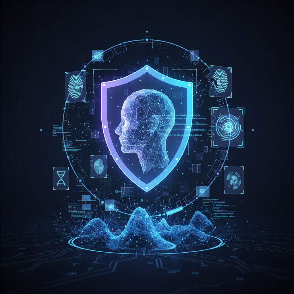 Futuristic digital privacy concept showing personal likeness protection in AI era, with symbolic shields and digital identity elements. Clean infographic style with modern technology visualization. No text.