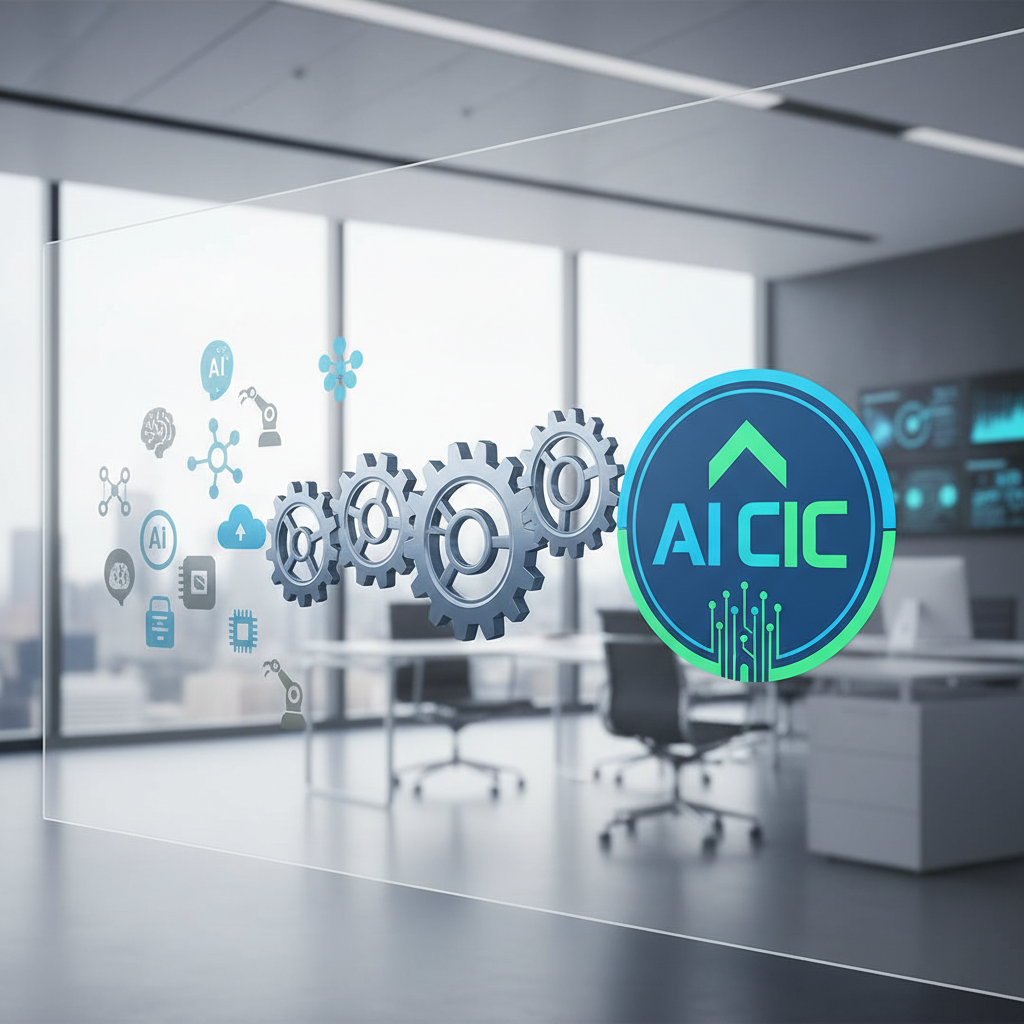 A clean infographic showing gears meshing together, representing organizational restructuring and efficiency. On one side, various scattered AI-related icons; on the other, a unified, strong AI CIC logo. The background is a modern office setting. No text.