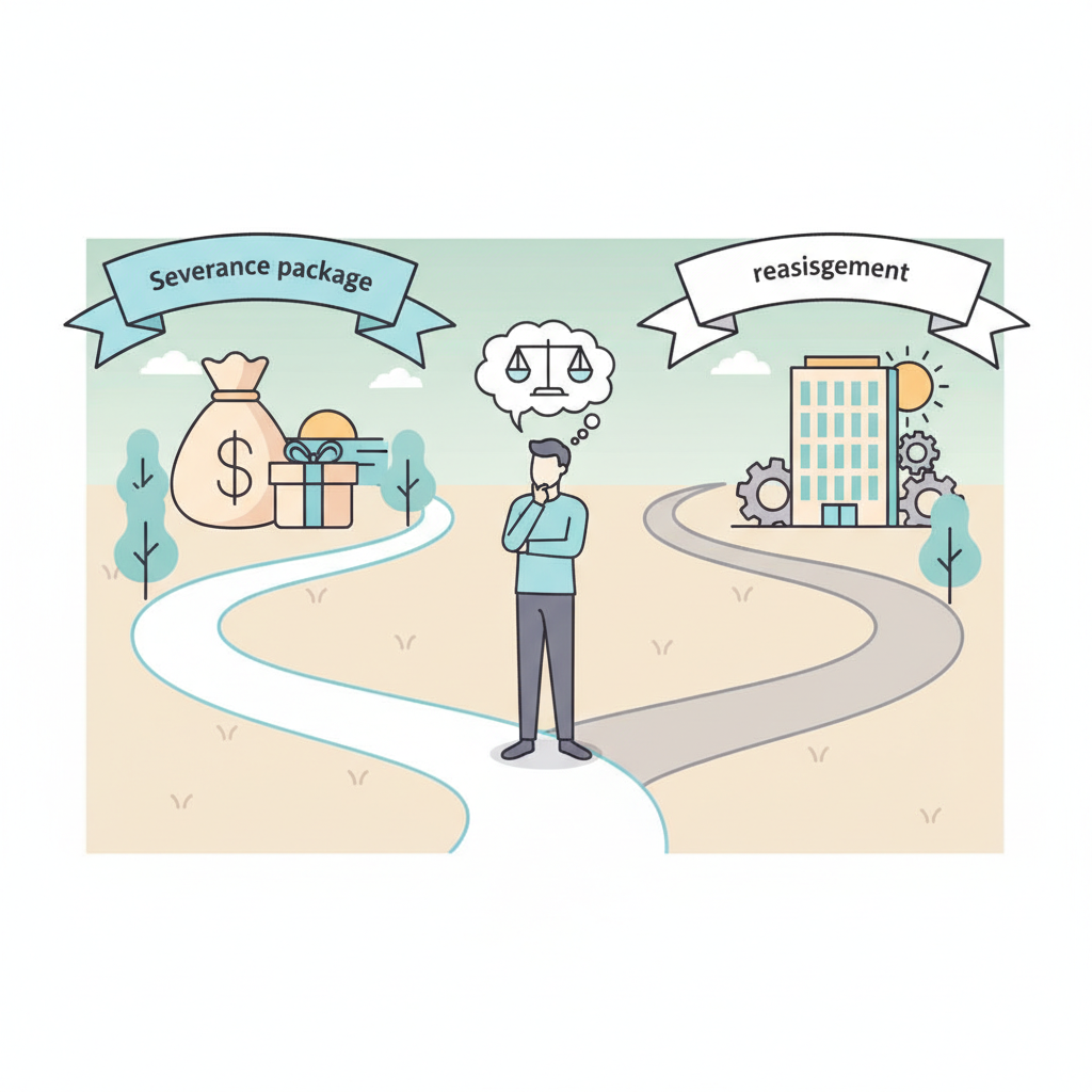 A professional illustration of a person at a crossroads, one path leading to "retirement" with a severance package icon, and the other to "reassignment" with an office building icon. Emphasize thoughtful decision-making in a calm setting. Style: clean infographic. No text.
