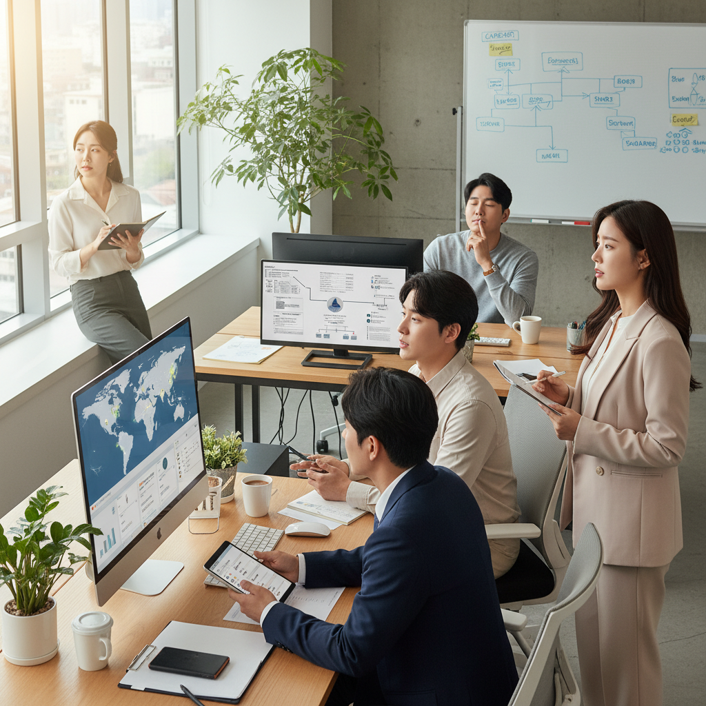 A diverse group of Korean professionals, some discussing and some individually contemplating their career paths in a modern office. Some are looking at new opportunities, while others consider current roles. Style: lifestyle photography, natural light. No text.
