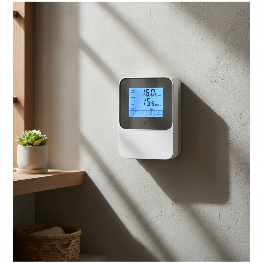 Modern smart electricity meter on house wall with digital display showing energy consumption data, lifestyle photography with natural lighting, Korean household setting, no text