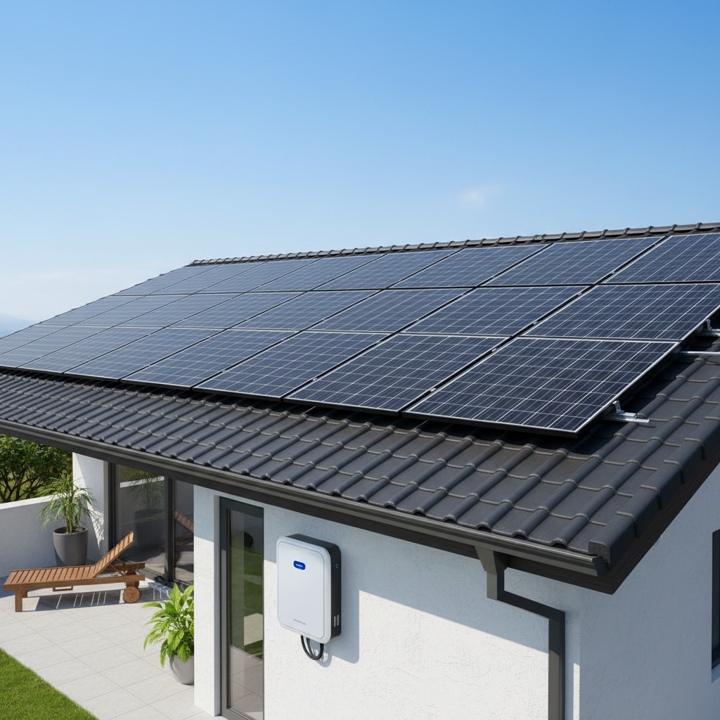 Residential solar panels on Korean house rooftop with battery storage system, clear blue sky, modern lifestyle photography showing clean energy technology, no text