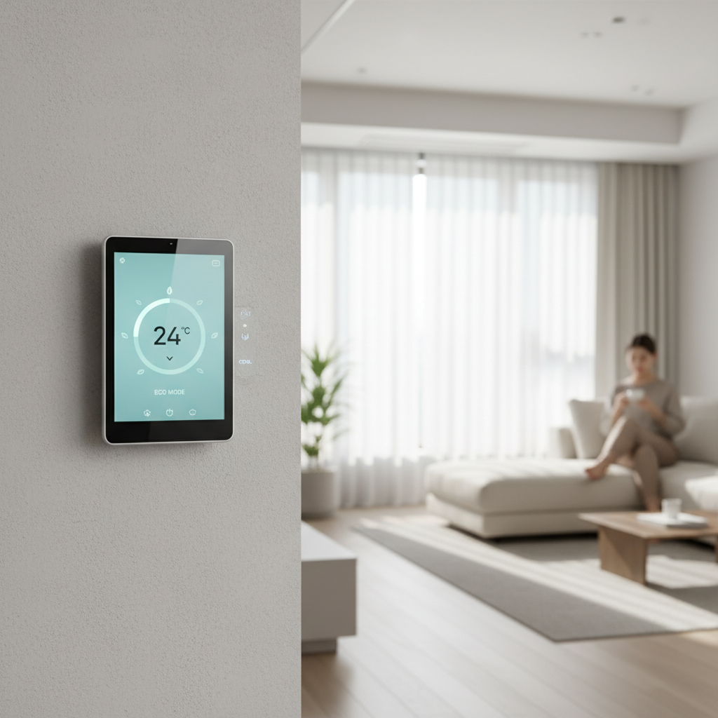 Modern smart thermostat on wall showing temperature control interface, Korean home interior, lifestyle photography with soft natural lighting, energy saving concept, no text