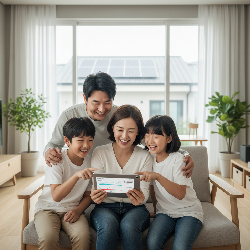 Korean family looking at reduced electricity bill with satisfaction, modern home interior, lifestyle photography showing financial relief and energy efficiency benefits, no text