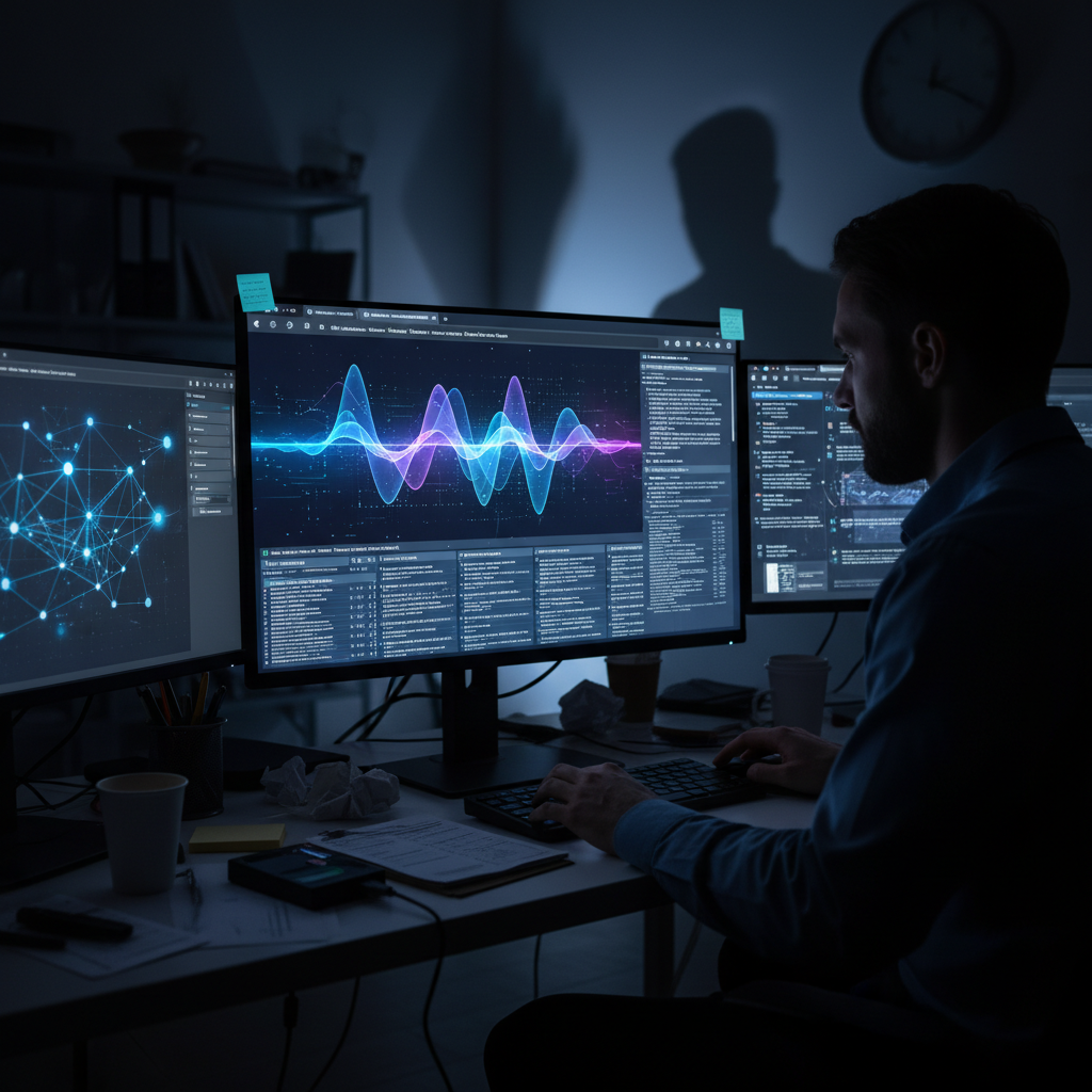 A person at a computer screen with AI interface generating fake documents and citations, digital workspace with multiple tabs open, realistic office setting, dramatic lighting highlighting the screen, no text
